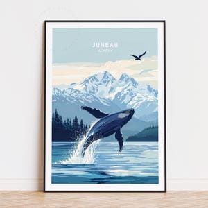 Poster di viaggio di Juneau, Alaska, arte murale dell'Alaska, stampa di Juneau, decorazione murale con delfini, regali di compleanno, stampa di viaggio minimalista, arredamento per la casa