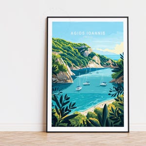 Poster di viaggio di Agios Ioannis Grecia, arte murale Grecia, stampa di Agios Ioannis, regali di compleanno, poster di viaggio personalizzato, arredamento per la casa