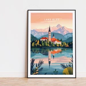 Poster de voyage lac de Bled, art mural Slovénie, impression lac de Bled Slovénie, décoration d'intérieur, cadeau d'anniversaire, poster de voyage personnalisé, paysage urbain minimaliste