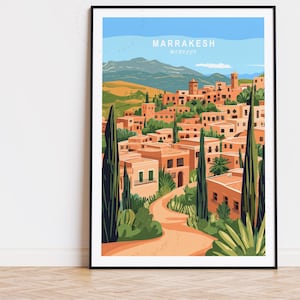 Affiche de voyage Marrakech Maroc, art mural Maroc, impression Marrakech, décoration d'intérieur, cadeaux d'anniversaire, affiche de voyage personnalisée, paysage urbain minimaliste