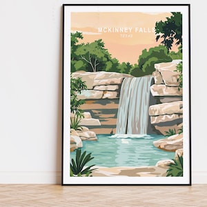 Póster de viaje del parque estatal McKinney Falls, arte mural de Texas, impresión de McKinney Falls Texas, decoración del hogar, regalos de cumpleaños, póster de viaje personalizado