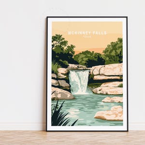 Affiche de voyage McKinney Falls au Texas, art mural Texas, impression McKinney Falls, cadeaux d'anniversaire, affiche de voyage personnalisée, décoration d'intérieur