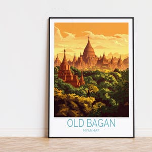 Affiche de voyage Old Bagan Myanmar, art mural Myanmar, impression Old Bagan, décoration d'intérieur, cadeaux d'anniversaire, affiche de voyage personnalisée