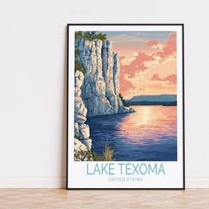 Poster di viaggio del lago Texoma, arte murale degli Stati Uniti, stampa del lago Texoma, poster di viaggio personalizzato, arredamento per la casa, regali di compleanno