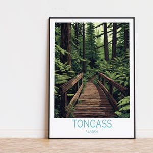 Poster de voyage dans la forêt nationale des Tongass, art mural Alaska, impression Tongass, cadeaux d'anniversaire, poster de voyage personnalisé, décoration d'intérieur