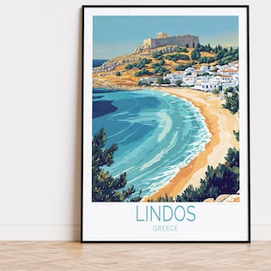 Poster di viaggio di Lindos Grecia, arte murale della Grecia, stampa di Lindos Rodi, poster di viaggio personalizzato, arredamento per la casa, regalo di compleanno, regali di nozze