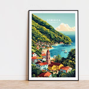 Affiche de voyage aux Caraïbes de la Dominique, art mural des Caraïbes, impression de la Dominique, décoration d'intérieur, cadeaux d'anniversaire, affiche de voyage personnalisée, paysage urbain minimaliste