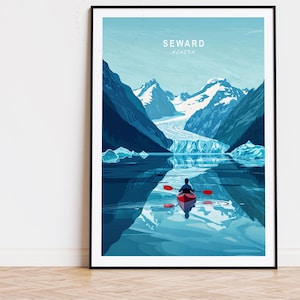 Pôster de viagem de Seward, arte de parede do Alasca nos EUA, impressão de Seward no Alasca, presentes de aniversário, decoração para casa, pôster de viagem personalizado, paisagem urbana minimalista