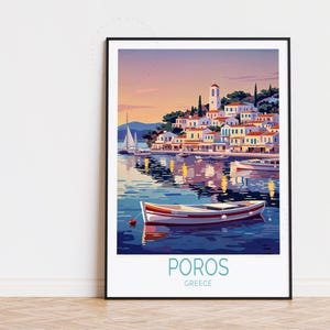 Poster di viaggio di Poros, arte murale della Grecia, stampa di Poros Grecia, regali di inaugurazione della casa, regalo di compleanno, poster di viaggio personalizzato