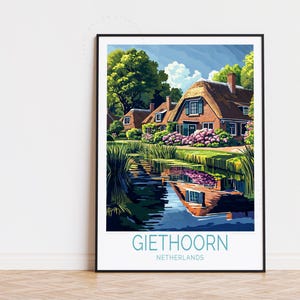 Affiche de voyage Giethoorn Pays-Bas, art mural Pays-Bas, impression Giethoorn, cadeau d'anniversaire, affiche de voyage personnalisée, décoration d'intérieur