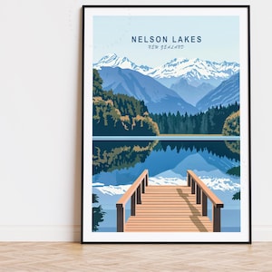 Poster de voyage Nelson Lakes Nouvelle-Zélande, art mural Nouvelle-Zélande, impression parc national des lacs Nelson, cadeaux d'anniversaire, décoration d'intérieur
