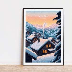 Poster di viaggio Megeve Francia, arte murale Francia, stampa di sci Megeve, arredamento per la casa, regalo di compleanno, poster di viaggio personalizzato, paesaggio urbano minimalista