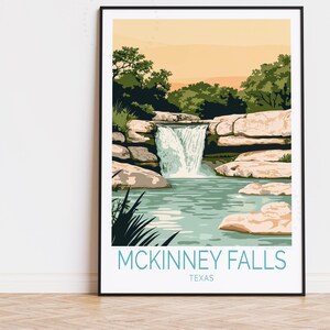 Affiche de voyage McKinney Falls au Texas, art mural Texas, impression McKinney Falls, cadeaux d'anniversaire, affiche de voyage personnalisée, décoration d'intérieur