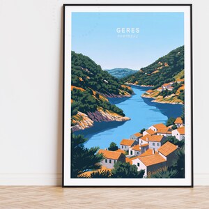 Poster de voyage Geres Portugal, art mural Portugal, impression Geres, cadeaux d'anniversaire, décoration d'intérieur, poster de voyage personnalisé, paysage urbain minimaliste