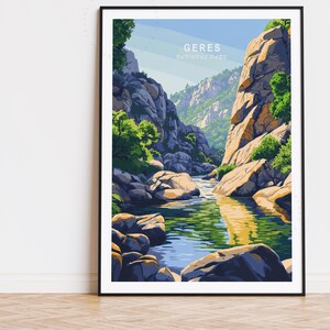 Poster de voyage du Geres, art mural Portugal, impression du parc national du Geres, cadeaux d'anniversaire, décoration d'intérieur, poster de voyage personnalisé, paysage urbain minimaliste