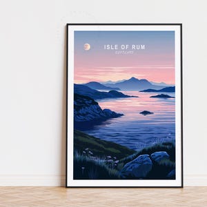 Affiche de voyage Isle Of Rum, art mural Ecosse, impression Isle Of Rum, affiche de voyage personnalisée, décoration d'intérieur, paysage urbain minimaliste, cadeaux d'anniversaire