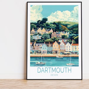 Affiche de voyage Dartmouth Devon, art mural Angleterre, impression Dartmouth Angleterre, cadeau d'anniversaire, décoration d'intérieur, affiche de voyage personnalisée