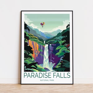 Impresión de viaje de Paradise Falls, póster de parque nacional, arte de cascada, impresión de arte de película, póster de casa con globos aerostáticos, arte de pared de Paradise Falls