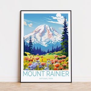 Poster de voyage du mont Rainier, art mural parc national, impression parc national du mont Rainier, ville du parc national, cadeaux d'anniversaire
