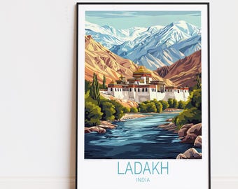 May include: A colorful illustration of a white building with a golden dome, nestled in a valley with a river flowing through it. The mountains in the background are snow-capped and the sky is blue. The text "LADAKH INDIA" is at the bottom of the image.