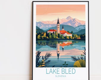 Poster di viaggio del lago di Bled, Slovenia, arte murale della Slovenia, stampa del lago di Bled, arredamento per la casa, regalo di compleanno, poster di viaggio personalizzato