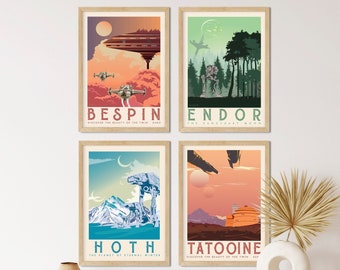 Star Wars Money Saving Offer - 4 Prints Of Star wars Travel, Hoth, Bespin, Tatooine, Endor, Star Wars Retro Travel Posters, Trilogy Prints
