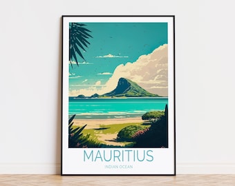 Może przedstawiać: Kolorowa ilustracja tropikalnej wyspy z górą w tle, plażą i błękitną wodą. Tekst "Mauritius" i "Ocean Indyjski" znajduje się na dole obrazu.