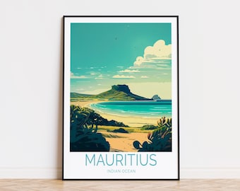 May include: A colorful illustration of a beach scene in Mauritius, featuring a green island with a sandy beach and turquoise water. The text "Mauritius Indian Ocean" is at the bottom of the image.