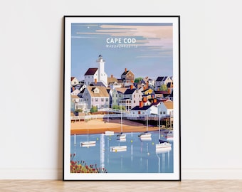 May include: A colorful illustration of a seaside town with a lighthouse, houses, and sailboats in the water. The text "CAPE COD MASSACHUSETTS" is at the top of the image.