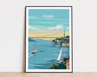 May include: A colorful illustration of the Istanbul skyline with a bridge and boats in the water. The text "ISTANBUL" is at the top of the image.