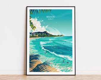 May include: A framed art print of Waikiki Beach in Hawaii. The illustration features a turquoise ocean with surfers, a sandy beach, palm fronds, and the text "WAIKIKI HAWAII". The artwork has a retro travel poster style.
