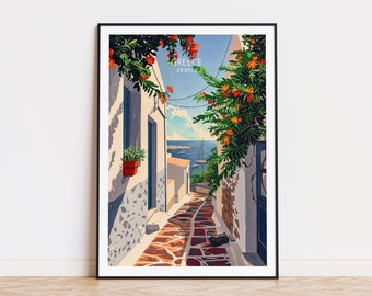 May include: A colorful illustration of a narrow street in Greece, with whitewashed buildings and a view of the ocean in the distance. The street is lined with lush green foliage and vibrant orange flowers. The text "GREECE EUROPE" is visible in the upper right corner of the image.