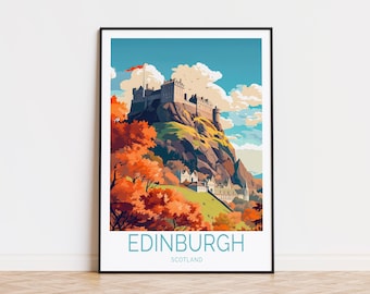 May include: A colorful illustration of Edinburgh Castle in Scotland. The castle is perched on a hill with autumn foliage in the foreground. The text "EDINBURGH" and "SCOTLAND" is printed below the image.