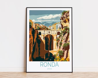 May include: A vintage travel poster featuring a colorful illustration of a bridge over a gorge in Ronda, Spain. The poster has the text "RONDA SPAIN" at the bottom.