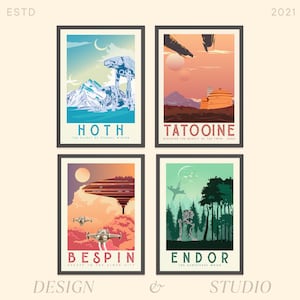 Oferta de ahorro de dinero de Star Wars: 4 impresiones de viajes de Star Wars, Hoth, Bespin, Tatooine, Endor, carteles de viajes retro de Star Wars, impresiones de trilogía
