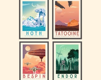 Star Wars Money Saving Offer - 4 Prints Of Star wars Travel, Hoth, Bespin, Tatooine, Endor, Star Wars Retro Travel Posters, Trilogy Prints