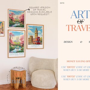 May include: Four framed travel posters with illustrations of Central Park, London, Aveiro, and a cityscape. The posters are hanging on a white wall above a light brown wooden stool. The text "Art of Travel" is displayed on a light beige background with the text "Design & Studio" below it. The text "Money Saving Offers" is displayed below that with the text "Use "OFF25" code at check out when buy 3 or more prints" and "Use "OFF35" code at check out when buy 5 or more prints" below it.