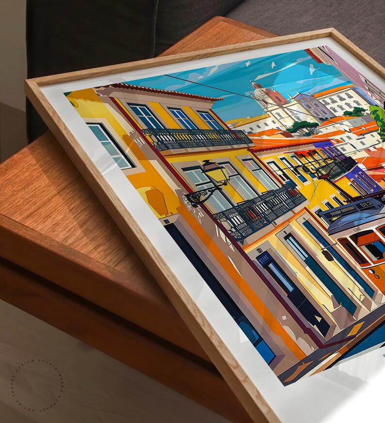 May include: A colorful illustration of a street scene in Lisbon, Portugal. The image features a yellow building with balconies, a red and yellow tram, and a blue sky with white clouds.