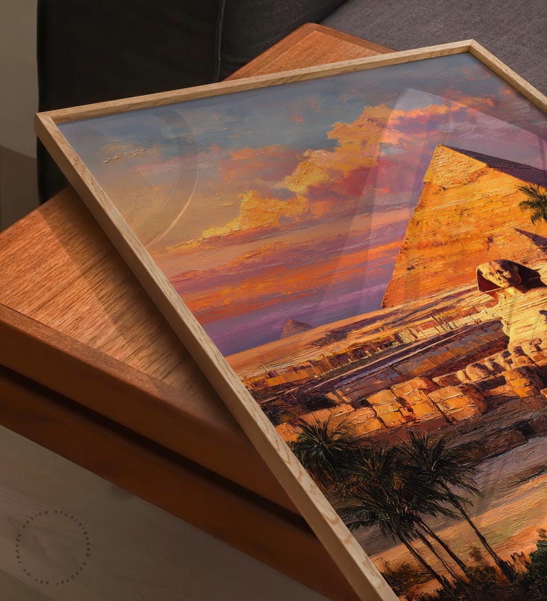 Cairo Egypt Pyramids Oil Painting Print | Sphinx Sunset Wall Art ...