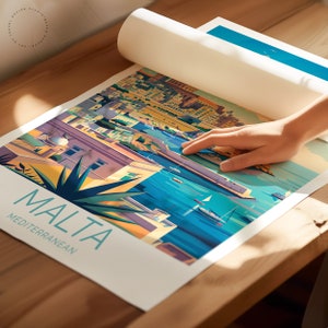May include: A colorful illustration of a cityscape with the text "MALTA MEDITERRANEAN" printed below. The illustration features a harbor with boats and a city with buildings in shades of yellow, orange, pink, and purple.