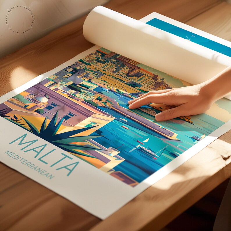 May include: A colorful illustration of a cityscape with the text "MALTA MEDITERRANEAN" printed below. The illustration features a harbor with boats and a city with buildings in shades of yellow, orange, pink, and purple.