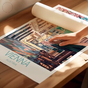 May include: A print of Vienna, Austria, showing a stylized illustration of city buildings and streets. The print has a white border and the word "VIENNA" in teal letters. The print is partially rolled up, revealing a glimpse of another print.