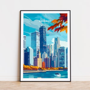 Pôster de viagem de Chicago, impressão de Illinois Chicago, pôster da cidade de Chicago, presentes dos EUA, decoração de casa, presente de aniversário, presentes personalizados