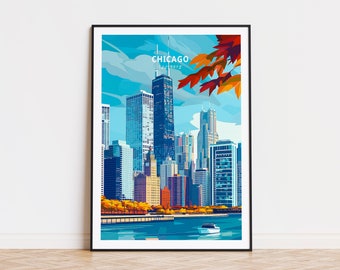 Chicago Travel Poster, Illinois Chicago Print, Chicago City Poster, USA Gifts, Home Decor, Birthday Present, Personalised Gifts