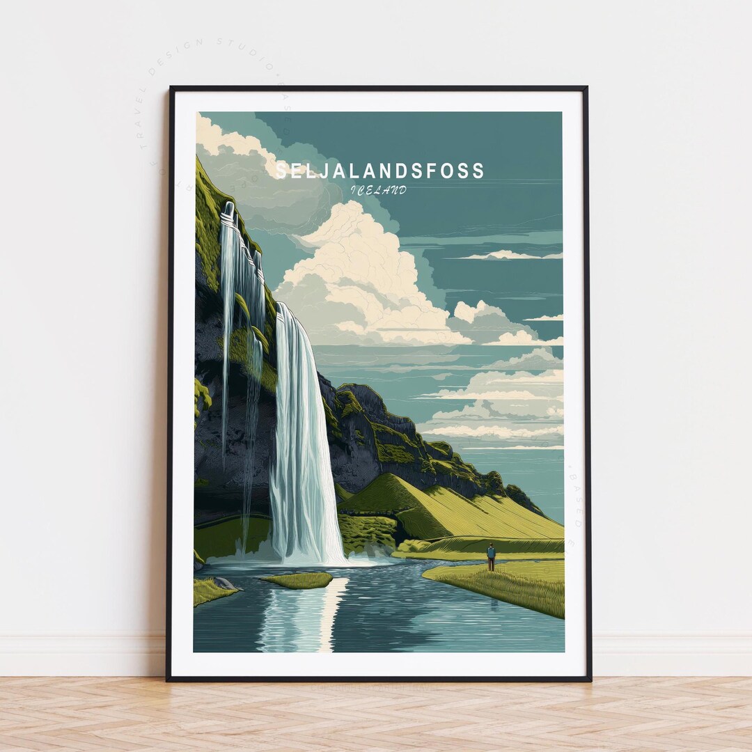 Seljalandsfoss Travel Poster Iceland, Modern Nordic Waterfall Wall Art ...