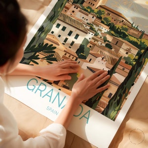 Puede incluir: Una ilustraci&oacute;n colorida de la ciudad de Granada, Espa&ntilde;a. La imagen presenta una representaci&oacute;n estilizada de edificios, &aacute;rboles y el texto "Granada, Espa&ntilde;a".
