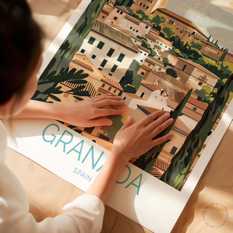 Puede incluir: Una ilustraci&oacute;n colorida de la ciudad de Granada, Espa&ntilde;a. La imagen presenta una representaci&oacute;n estilizada de edificios, &aacute;rboles y el texto "Granada, Espa&ntilde;a".
