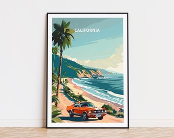 May include: A vintage orange Mustang convertible driving along a scenic California coastline with palm trees and blue ocean in the background. The image has the text "CALIFORNIA" at the top.