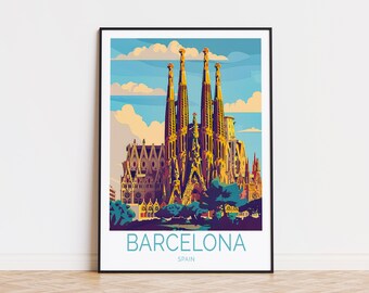 May include: A colorful illustration of the Sagrada Familia basilica in Barcelona, Spain. The image features the iconic towers and intricate details of the church, with a blue sky and clouds in the background. The text "BARCELONA" and "SPAIN" is displayed below the image.
