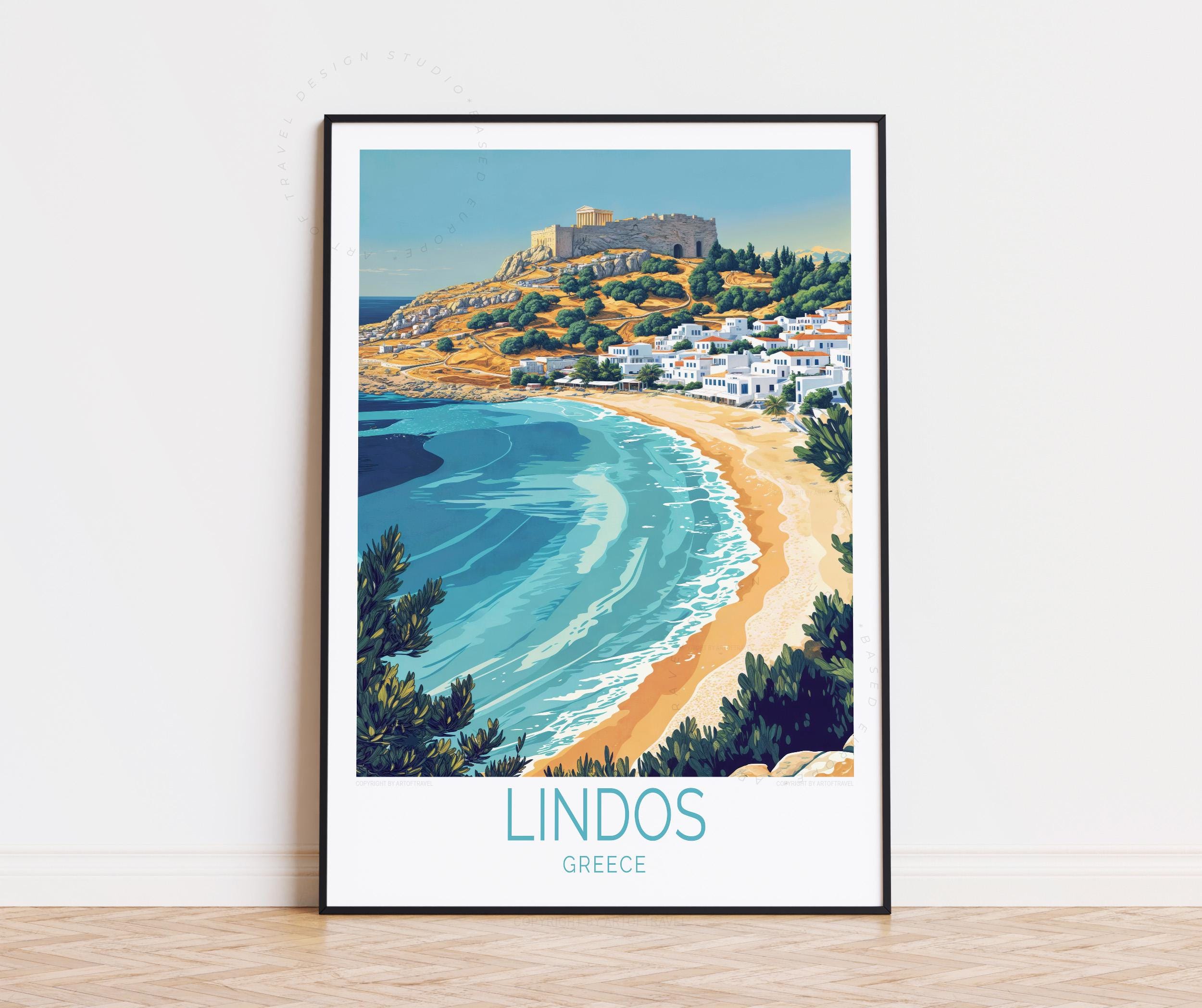 Lindos Greece Travel Poster, Greece Wall Art, Lindos Rhodes Print, Custom Travel Poster, Home Decor, Birthday Present, Wedding Gifts